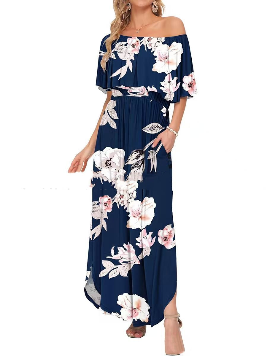 Printed Off-shoulder Short-sleeve Maxi Dress Lustraward