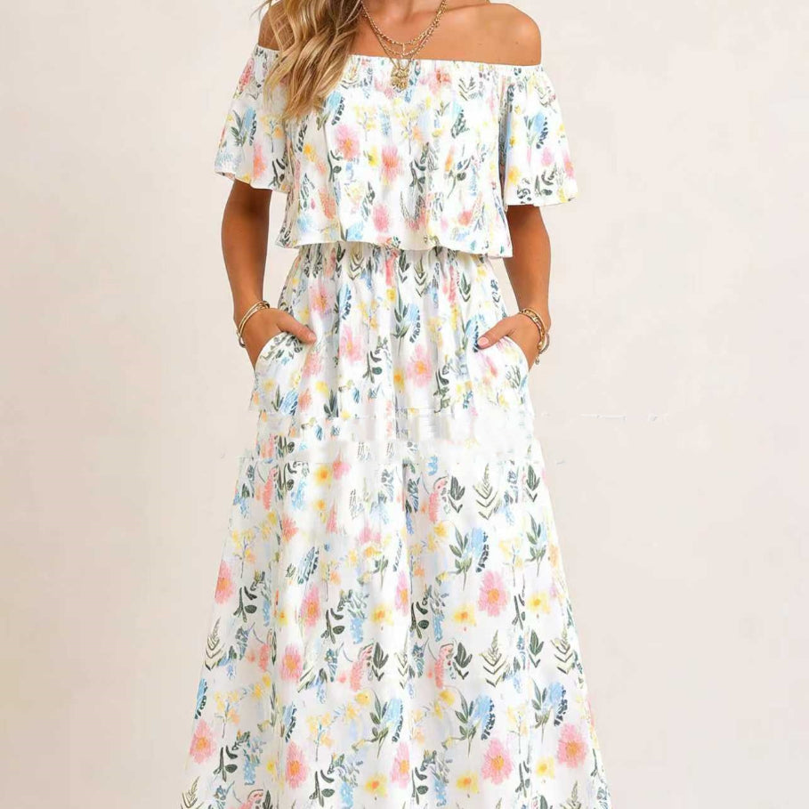 Printed Off-shoulder Short-sleeve Maxi Dress Lustraward