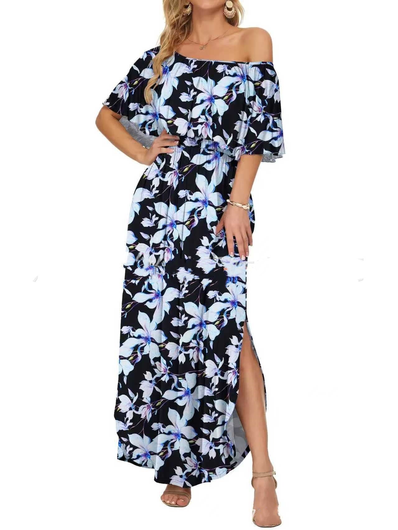 Printed Off-shoulder Short-sleeve Maxi Dress Lustraward