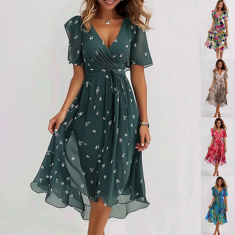 Chiffon Printed Short Sleeve Dress Summer Elegant V-neck Dresses Womens Clothing Lustraward