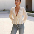 Lace Up V-Neck Puffed-Sleeve Top