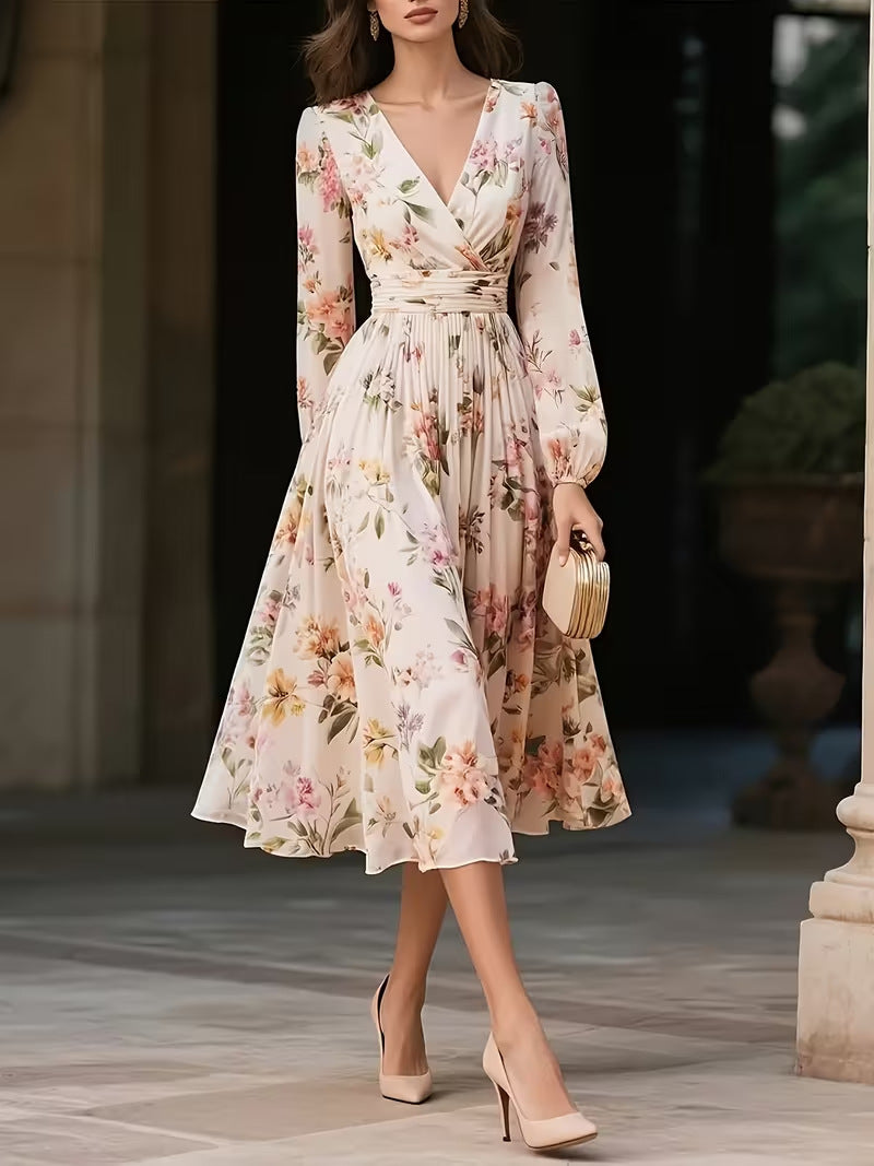 Elegant V-Neck Long-Sleeve Womens Dress With Print Lustraward