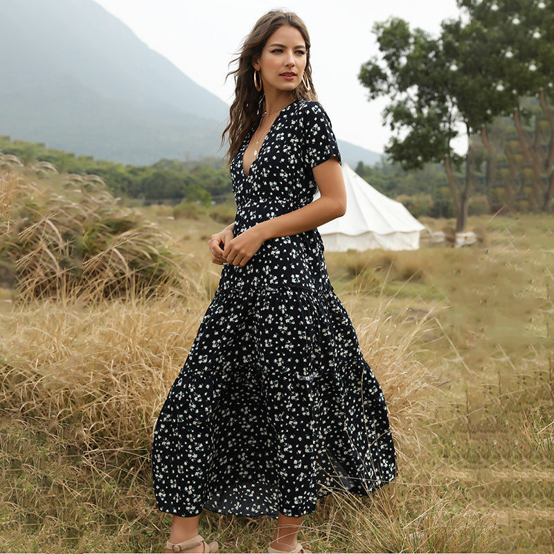Long Dress Women Summer Boho Sexy Flowers Dress With V-neck - Lustraward
