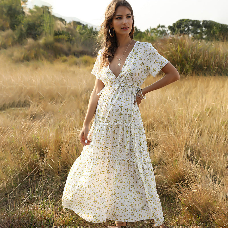 Long Dress Women Summer Boho Sexy Flowers Dress With V-neck - Lustraward