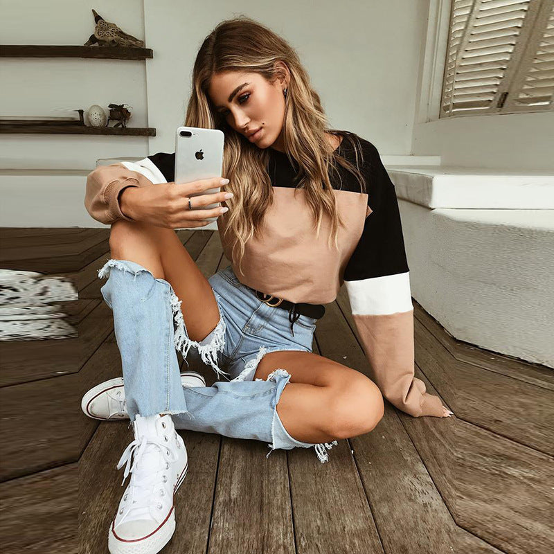 Color Block Top Round Neck Cropped Long Sleeves