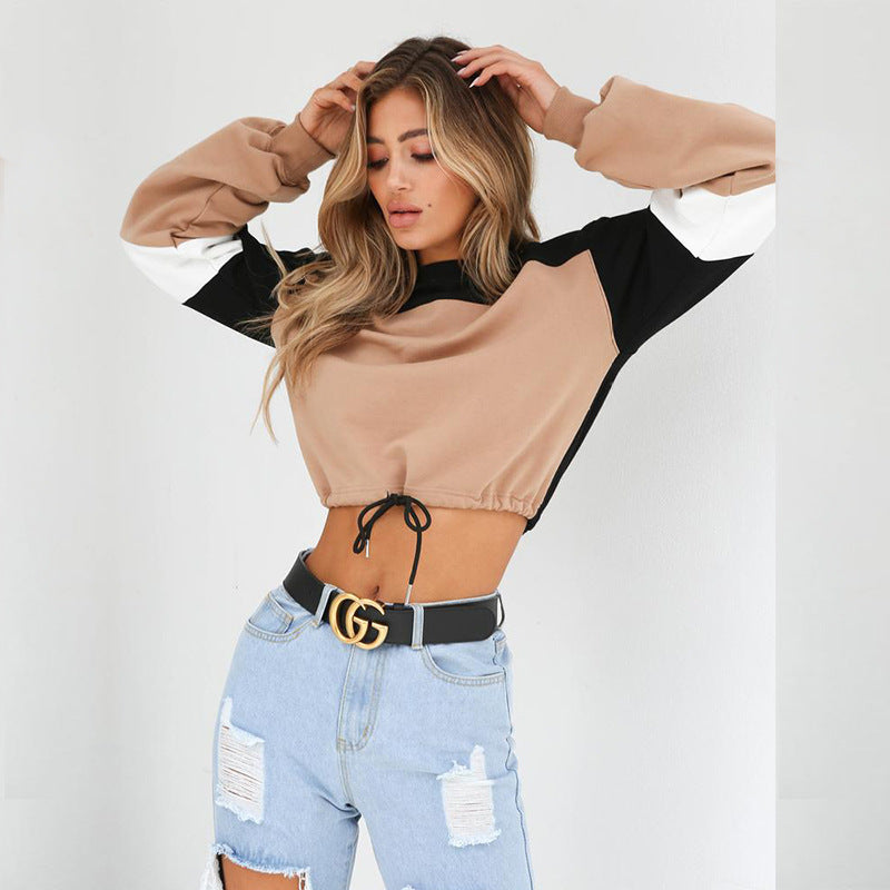 Color Block Top Round Neck Cropped Long Sleeves