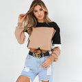 Color Block Top Round Neck Cropped Long Sleeves