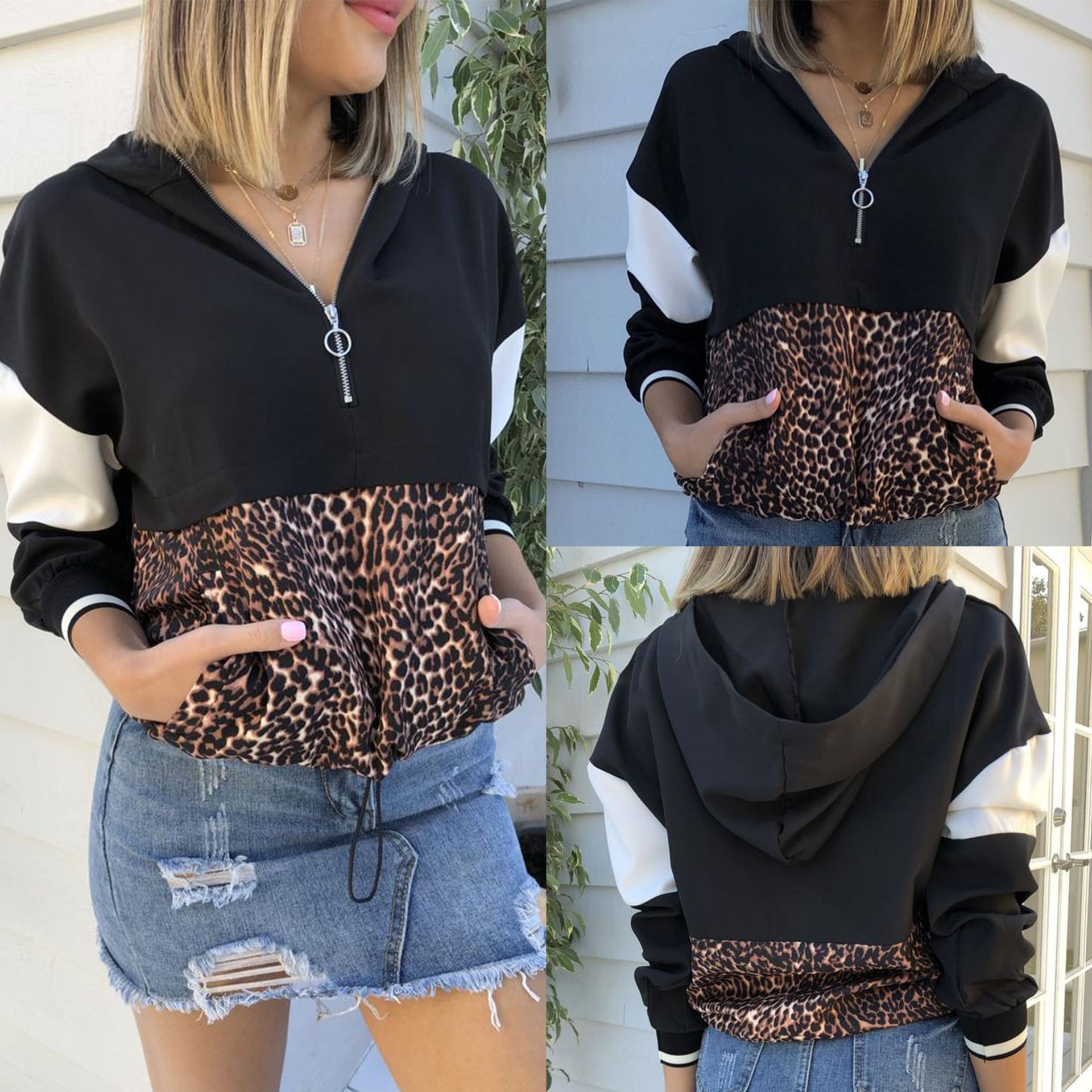 European and American leopard stitching zip hoodie