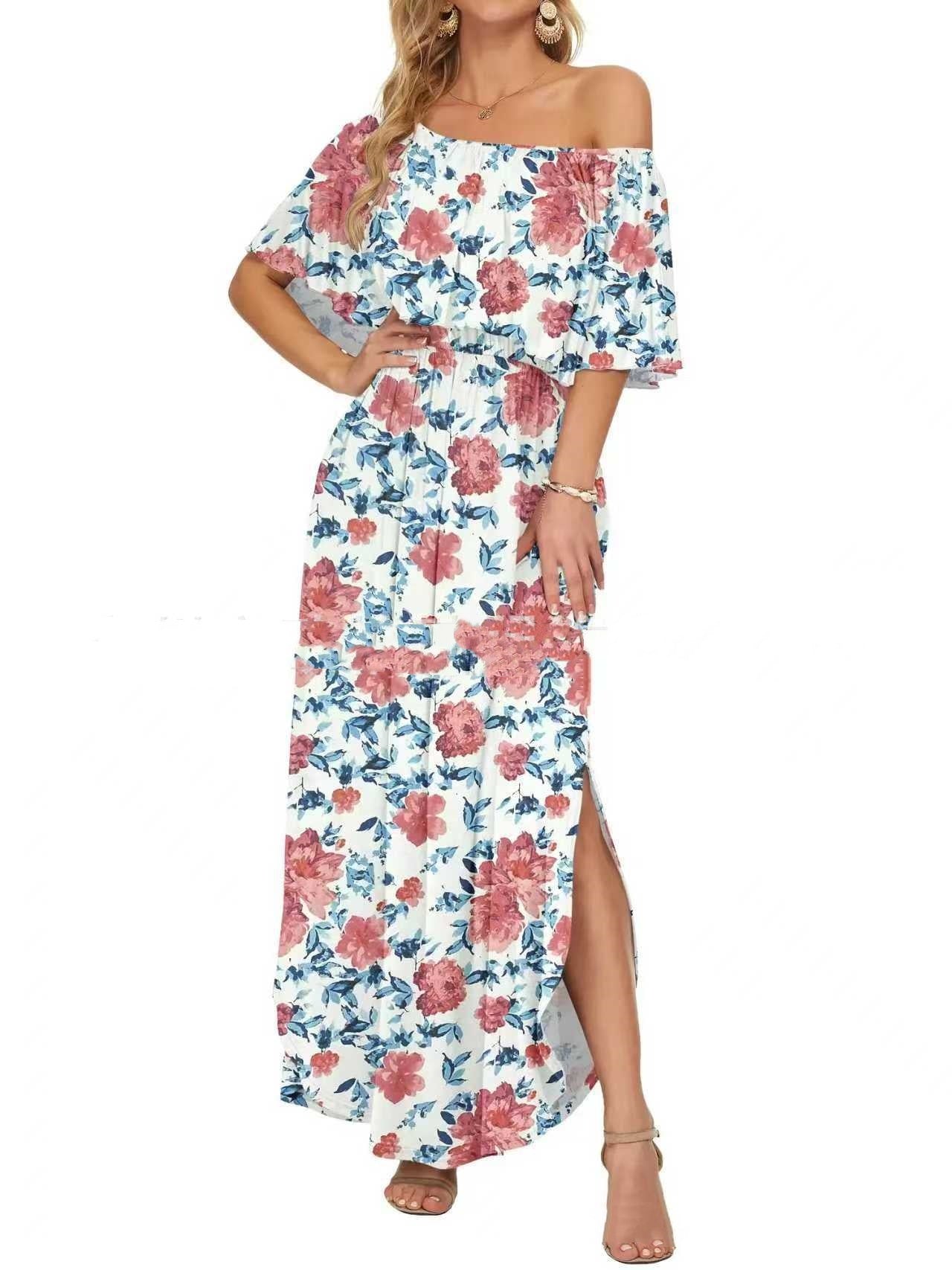 Printed Off-shoulder Short-sleeve Maxi Dress Lustraward