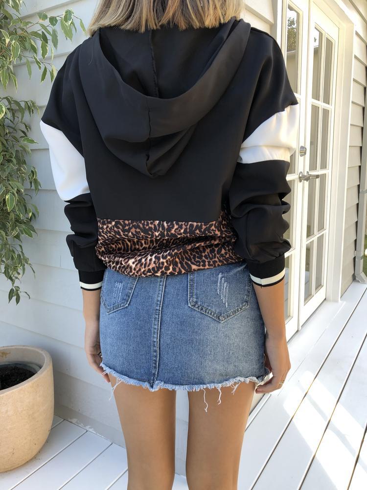 European and American leopard stitching zip hoodie