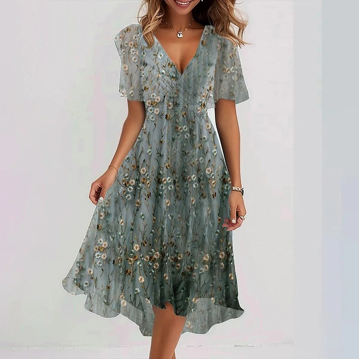 Chiffon Printed Short Sleeve Dress Summer Elegant V-neck Dresses Womens Clothing Lustraward
