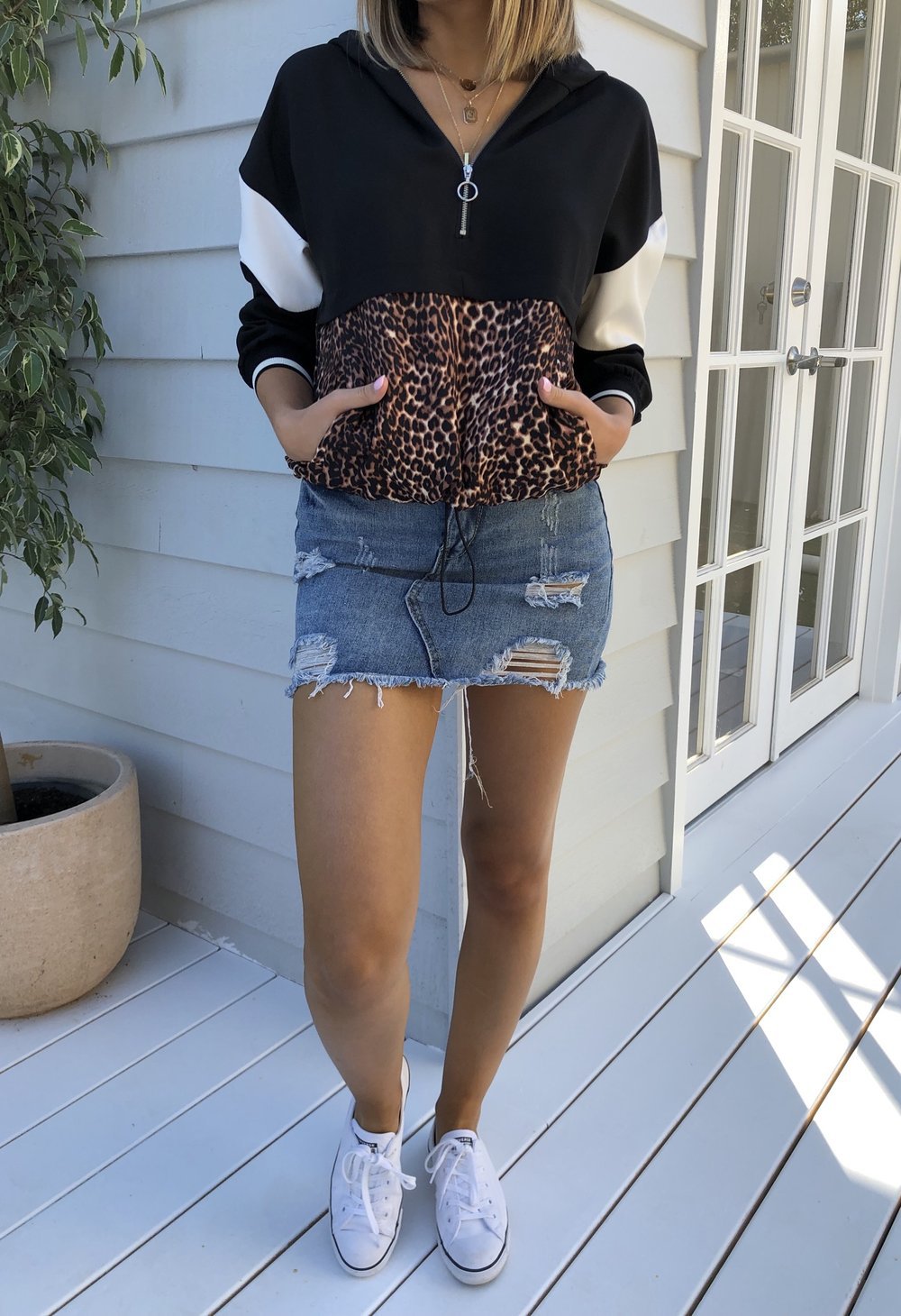 European and American leopard stitching zip hoodie