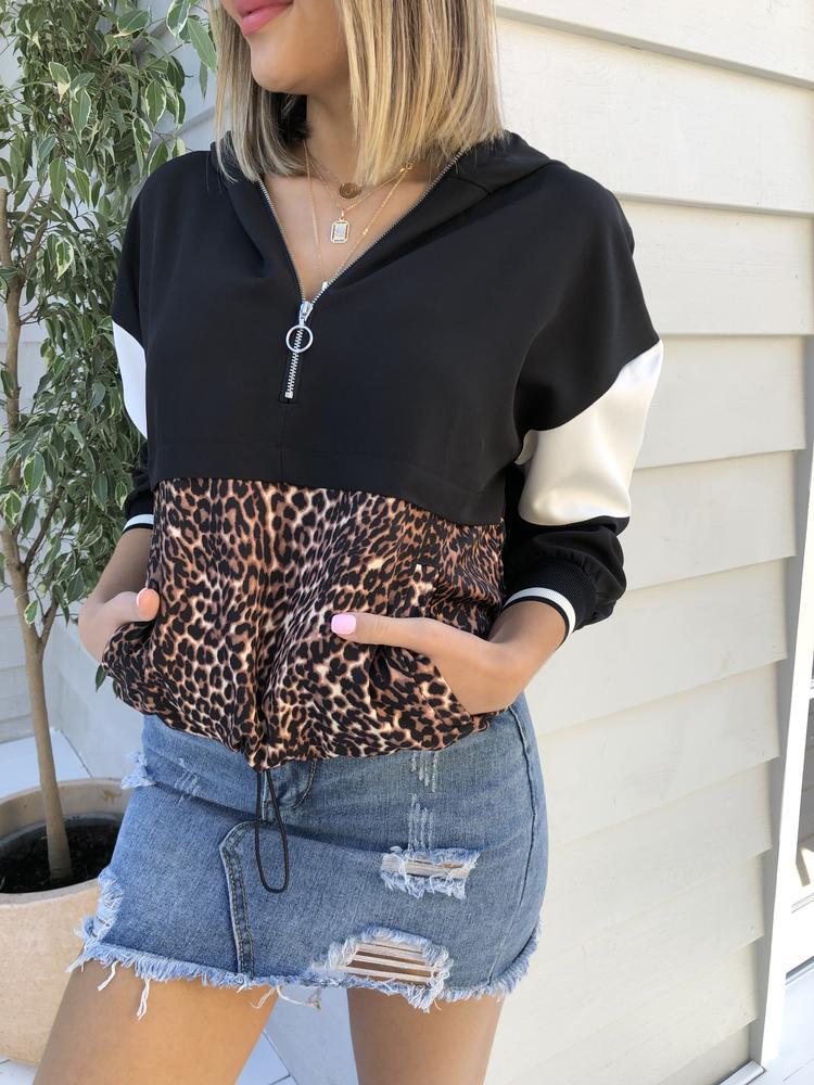 European and American leopard stitching zip hoodie