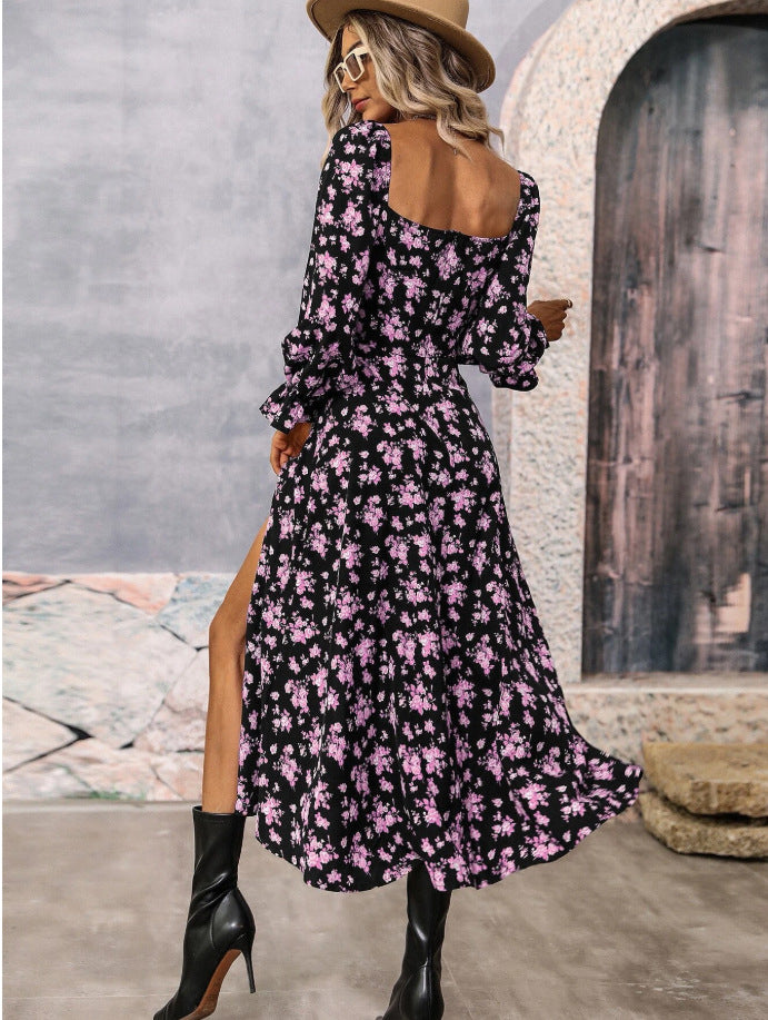 Flowers Printing Long Sleeve Dress Fashion Square-neck Bottom Slit Dresses Womens  Clothing Lustraward