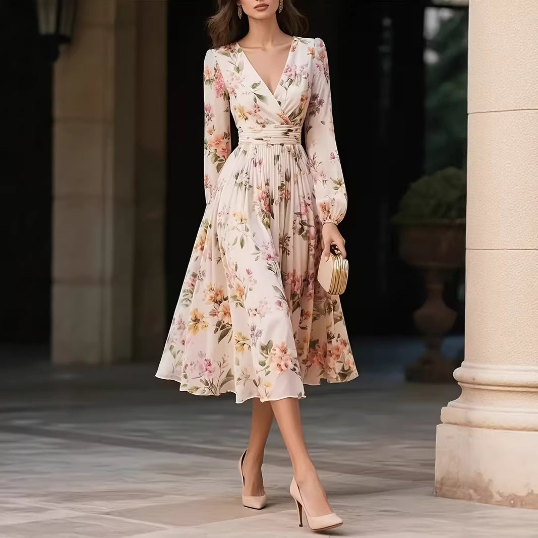 Elegant V-Neck Long-Sleeve Womens Dress With Print Lustraward