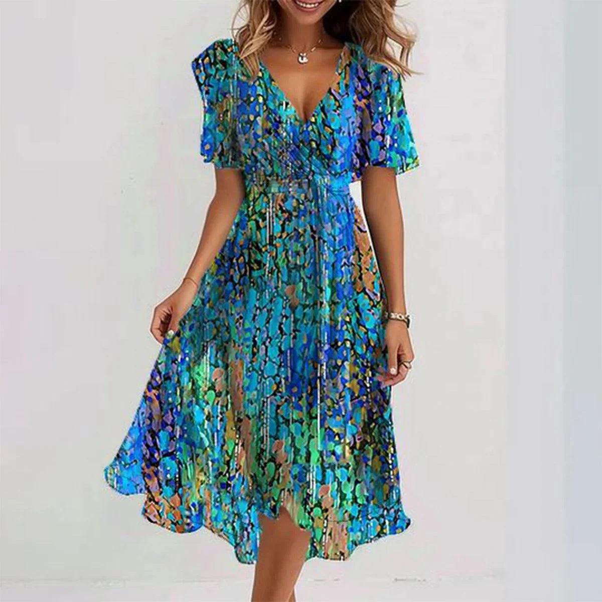 Chiffon Printed Short Sleeve Dress Summer Elegant V-neck Dresses Womens Clothing Lustraward