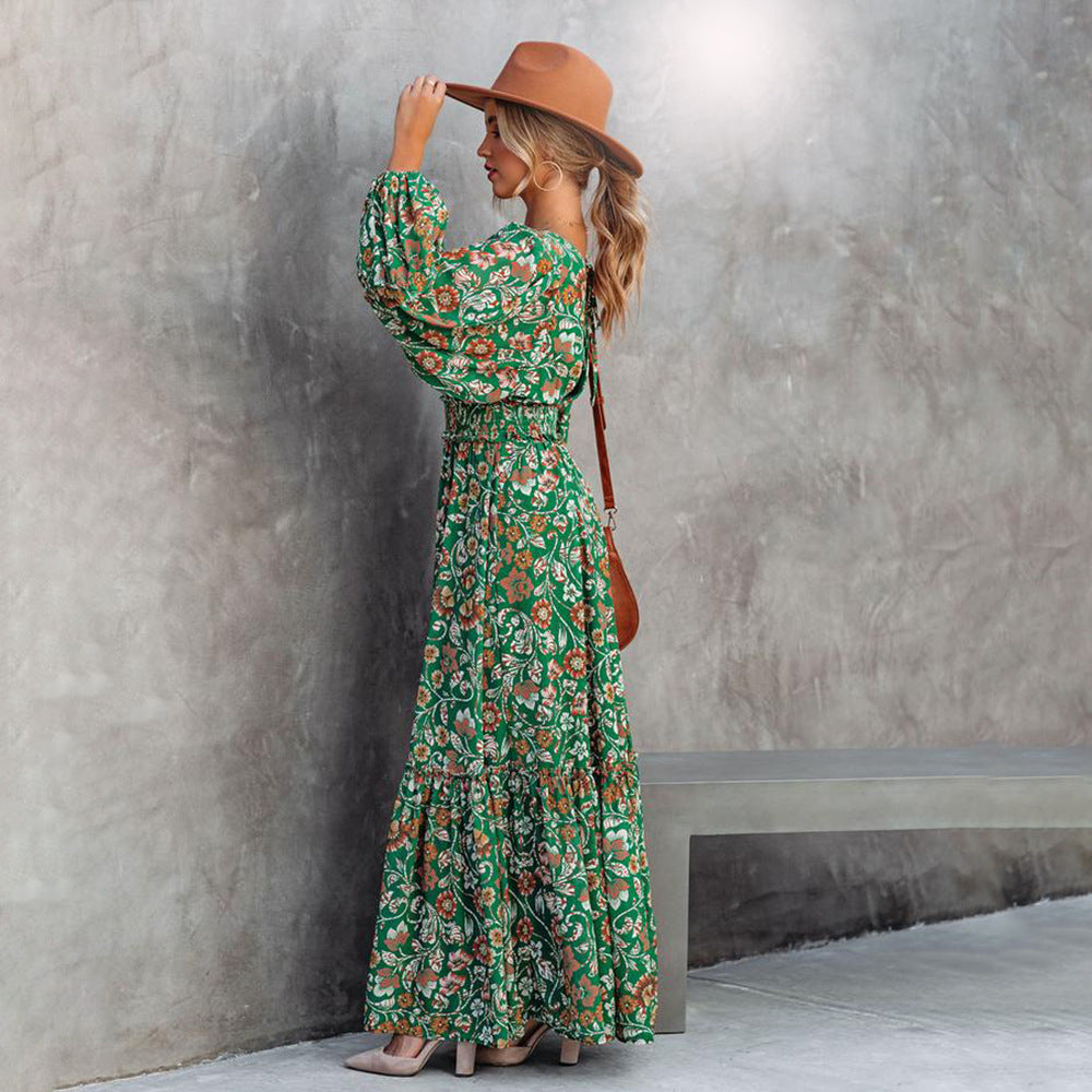 Fashion Printed Lantern Long-Sleeved V-Neck Halter Stitching Dress Lustraward