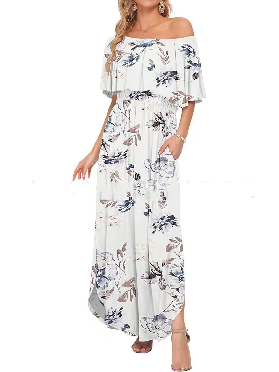 Printed Off-shoulder Short-sleeve Maxi Dress Lustraward