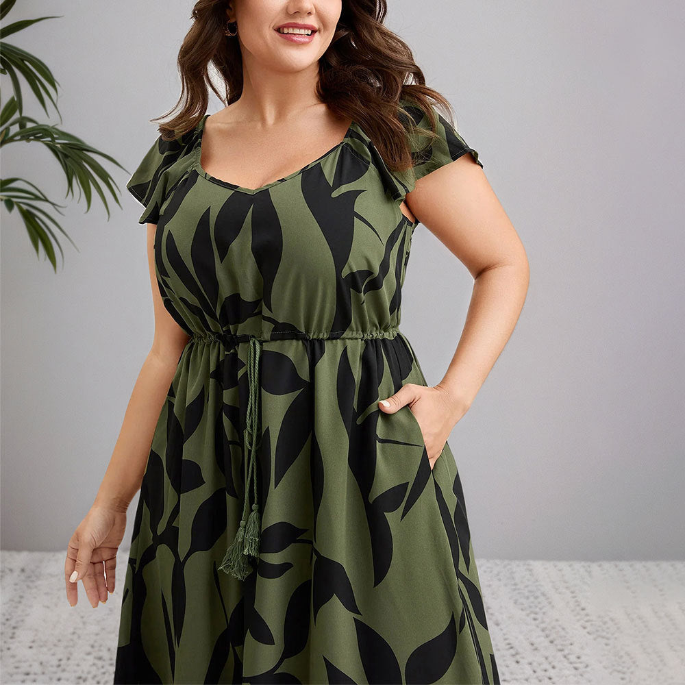Floral Flutter-Sleeve Drawstring-Waist Maxi Midi Slimming Dress Lustraward