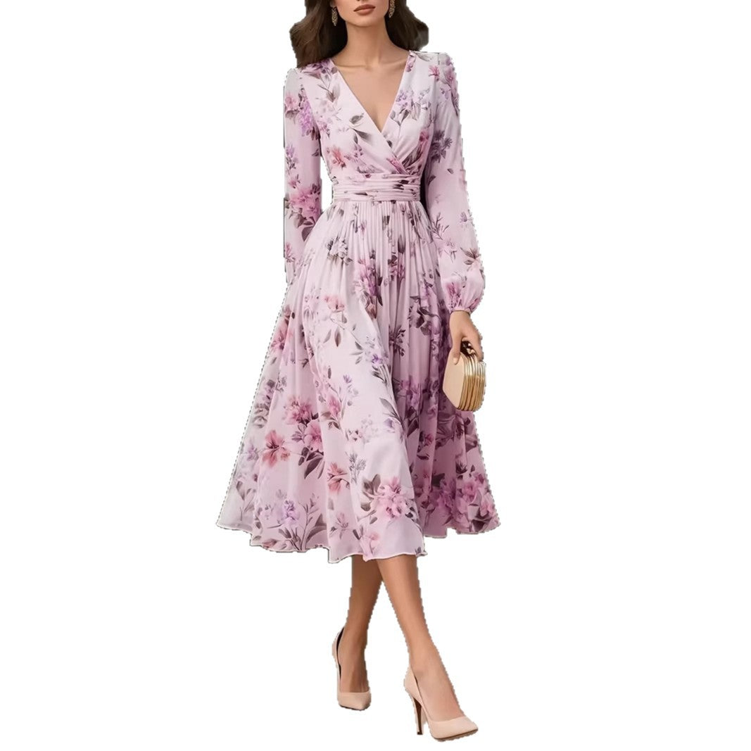 Elegant V-Neck Long-Sleeve Womens Dress With Print Lustraward