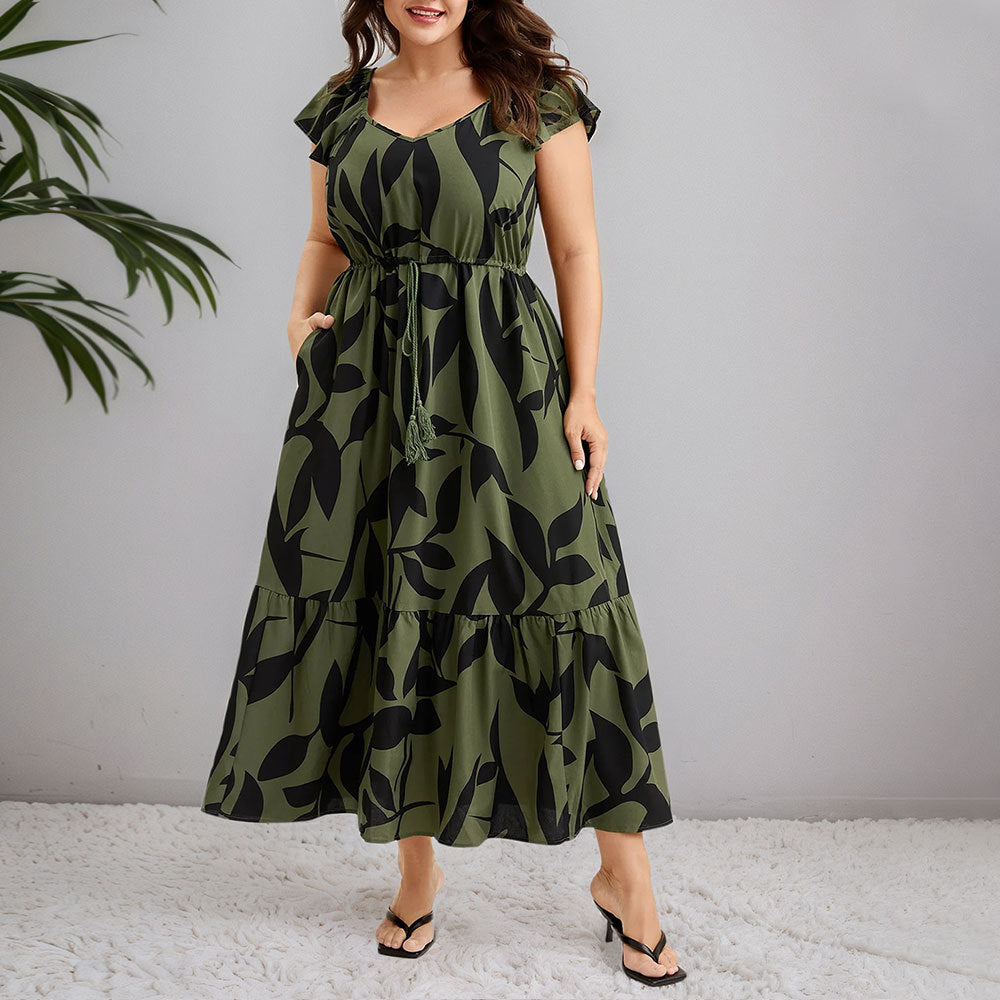 Floral Flutter-Sleeve Drawstring-Waist Maxi Midi Slimming Dress Lustraward