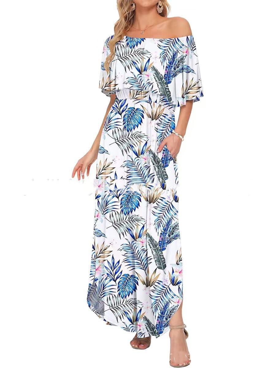 Printed Off-shoulder Short-sleeve Maxi Dress Lustraward