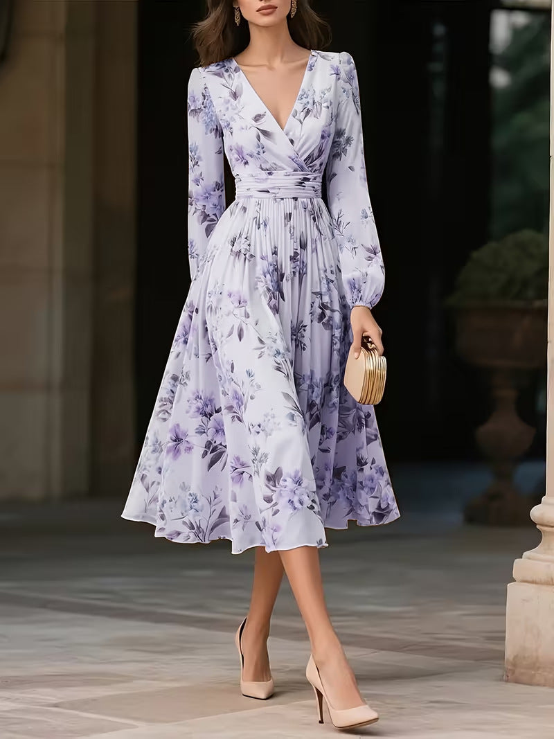 Elegant V-Neck Long-Sleeve Womens Dress With Print Lustraward
