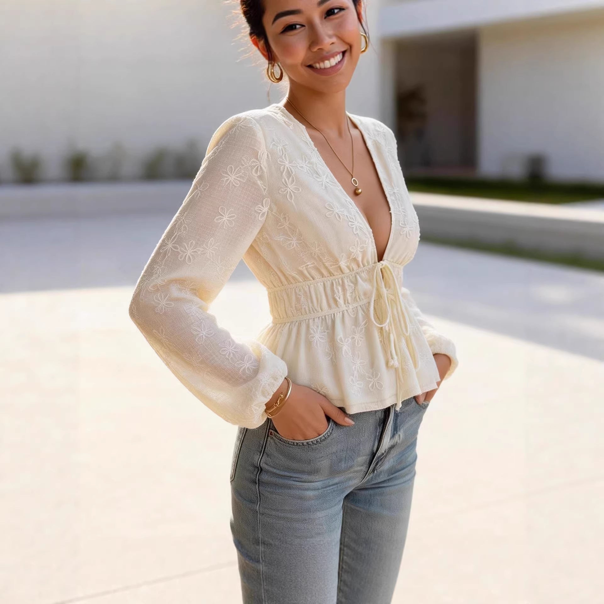 Lace Up V-Neck Puffed-Sleeve Top