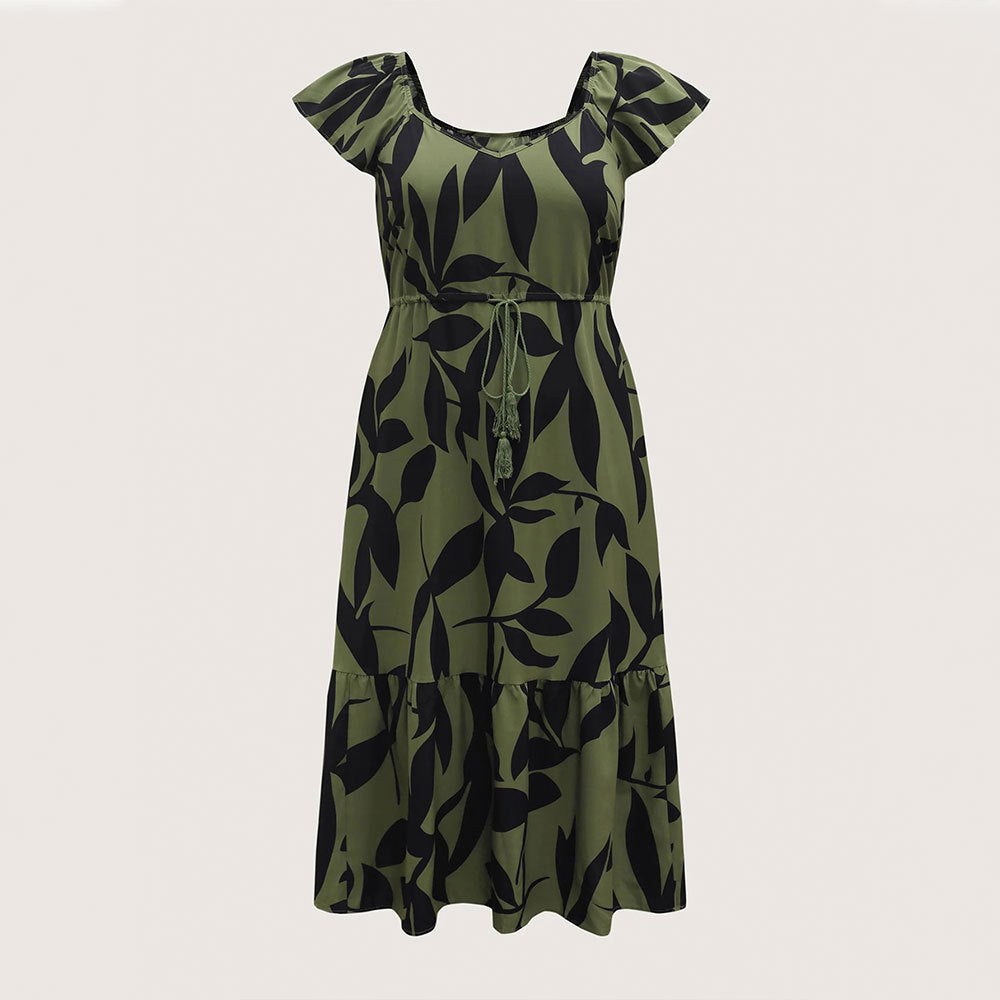 Floral Flutter-Sleeve Drawstring-Waist Maxi Midi Slimming Dress Lustraward