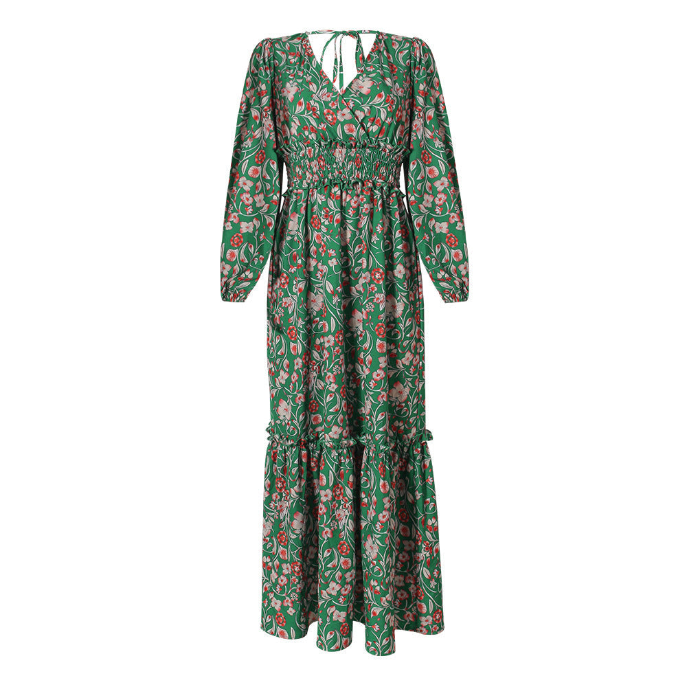 Fashion Printed Lantern Long-Sleeved V-Neck Halter Stitching Dress Lustraward