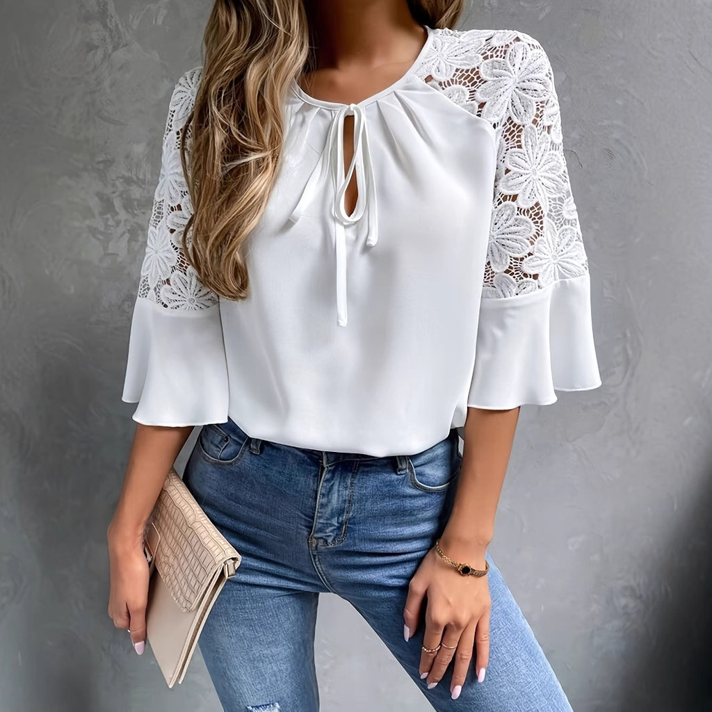 White Lace-Panel Tie-Front Top