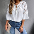 White Lace-Panel Tie-Front Top