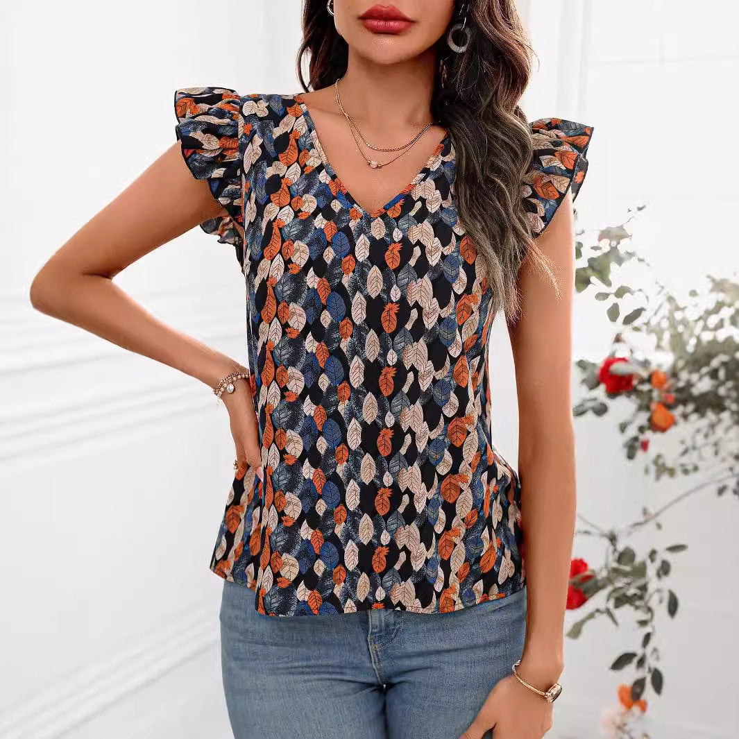 Women’s Printed V-Neck Short-Sleeve Top