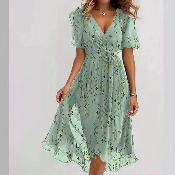 Chiffon Printed Short Sleeve Dress Summer Elegant V-neck Dresses Womens Clothing Lustraward