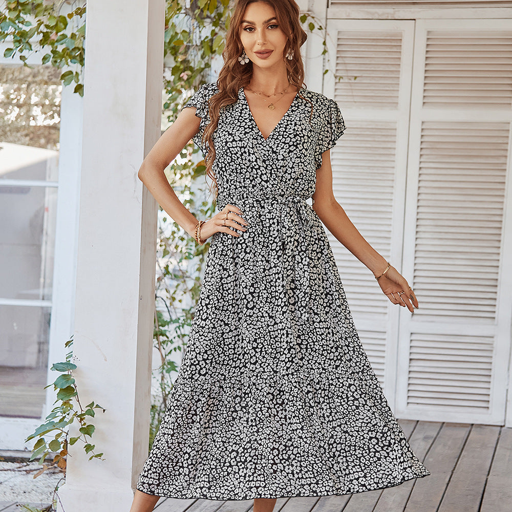 Summer Dresses Ruffle Cap Sleeve V Neck Belt Wrap Split Boho Floral Long Casual Party Beach Dress Lustraward