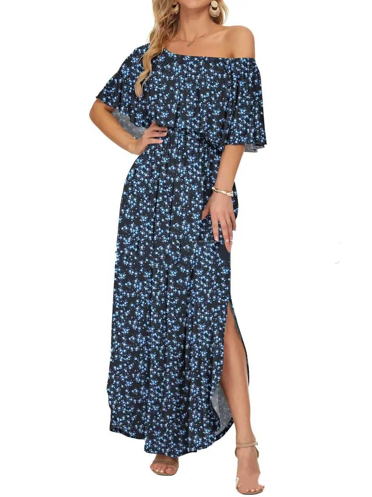 Printed Off-shoulder Short-sleeve Maxi Dress Lustraward