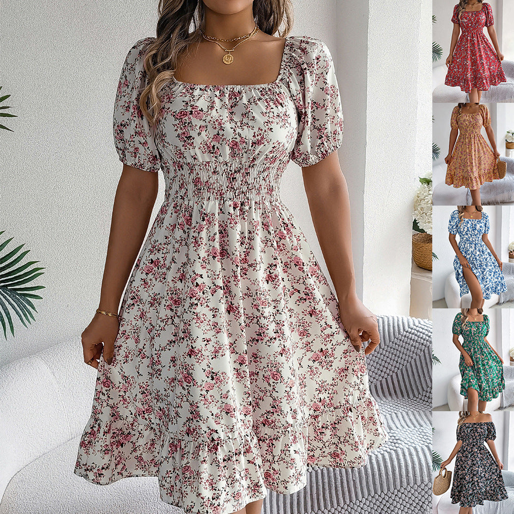 Floral Print Square Collar Dress Summer Fashion Ruffles Dresses Women's Clothing Lustraward