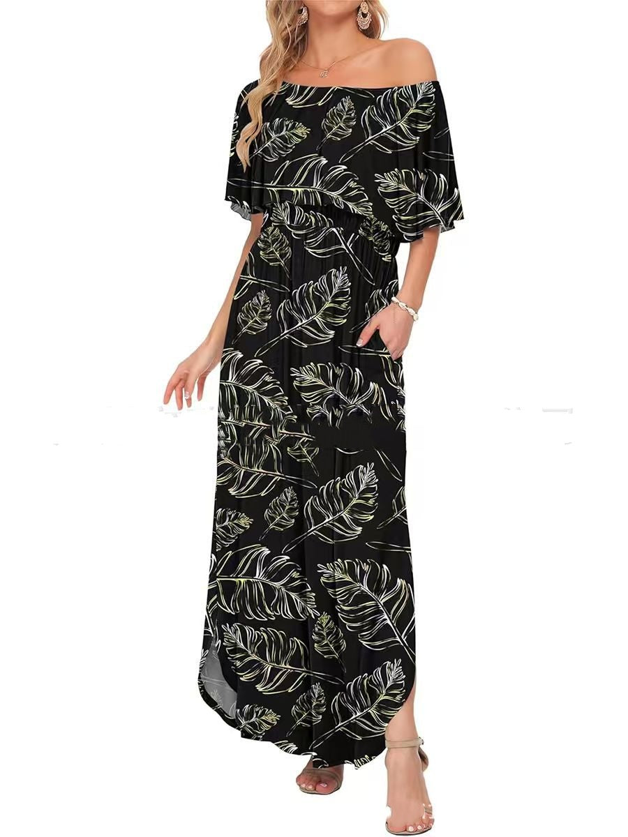 Printed Off-shoulder Short-sleeve Maxi Dress Lustraward