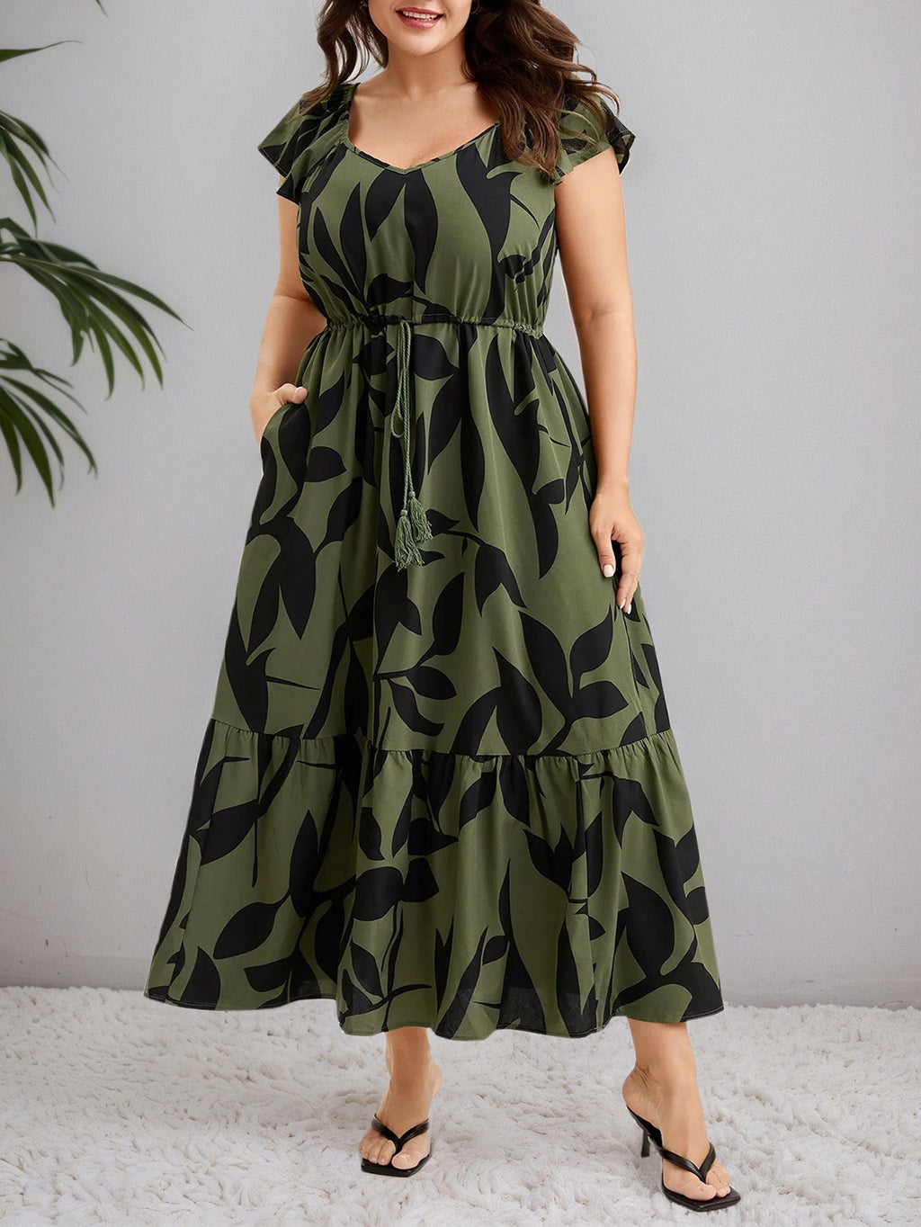 Floral Flutter-Sleeve Drawstring-Waist Maxi Midi Slimming Dress Lustraward