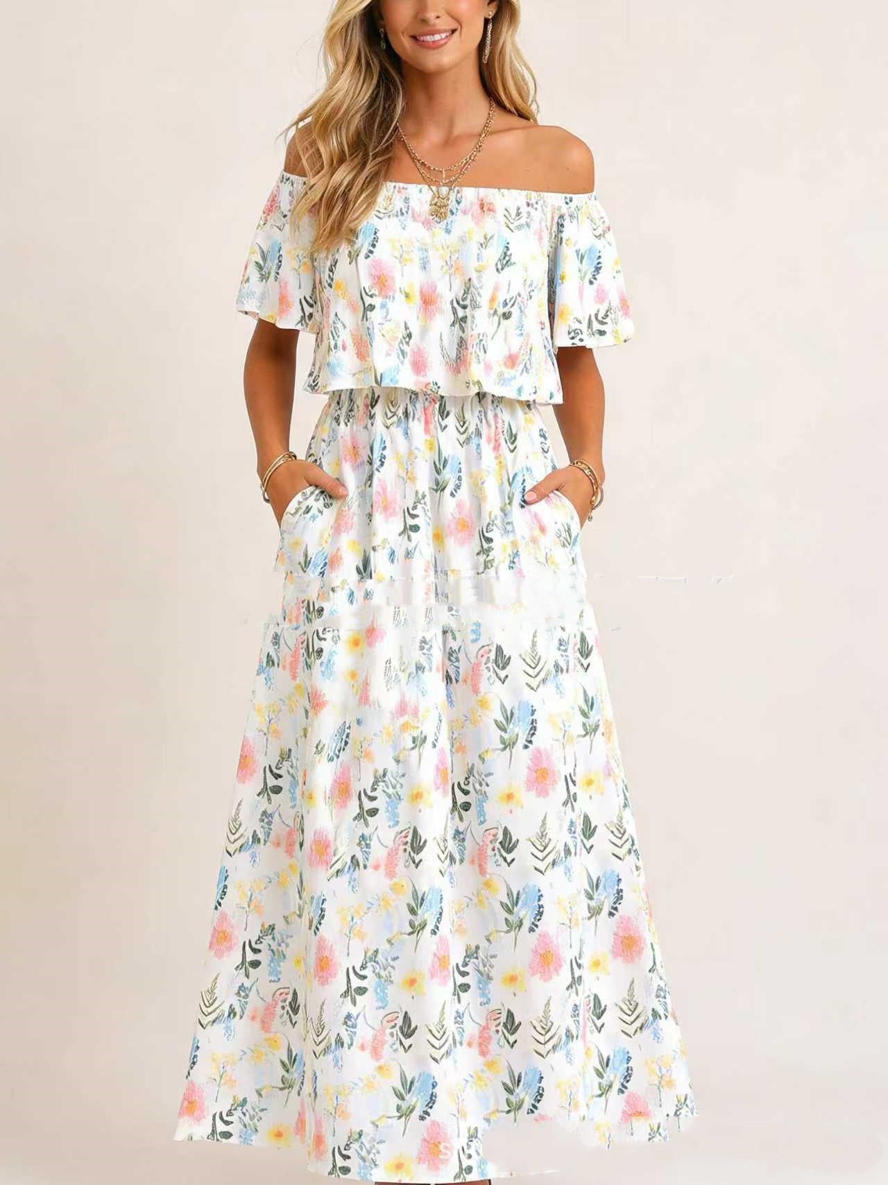 Printed Off-shoulder Short-sleeve Maxi Dress Lustraward