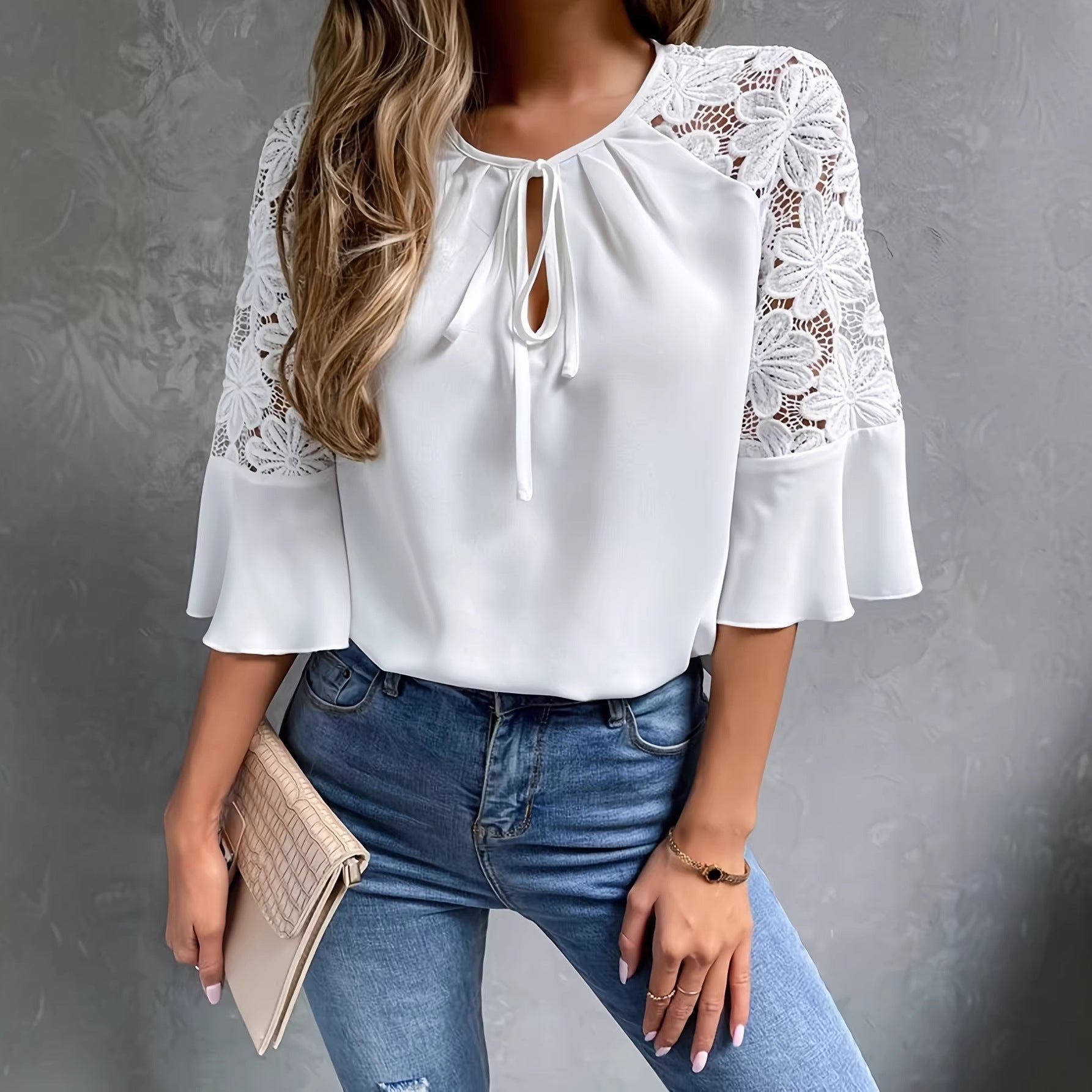 White Lace-Panel Tie-Front Top
