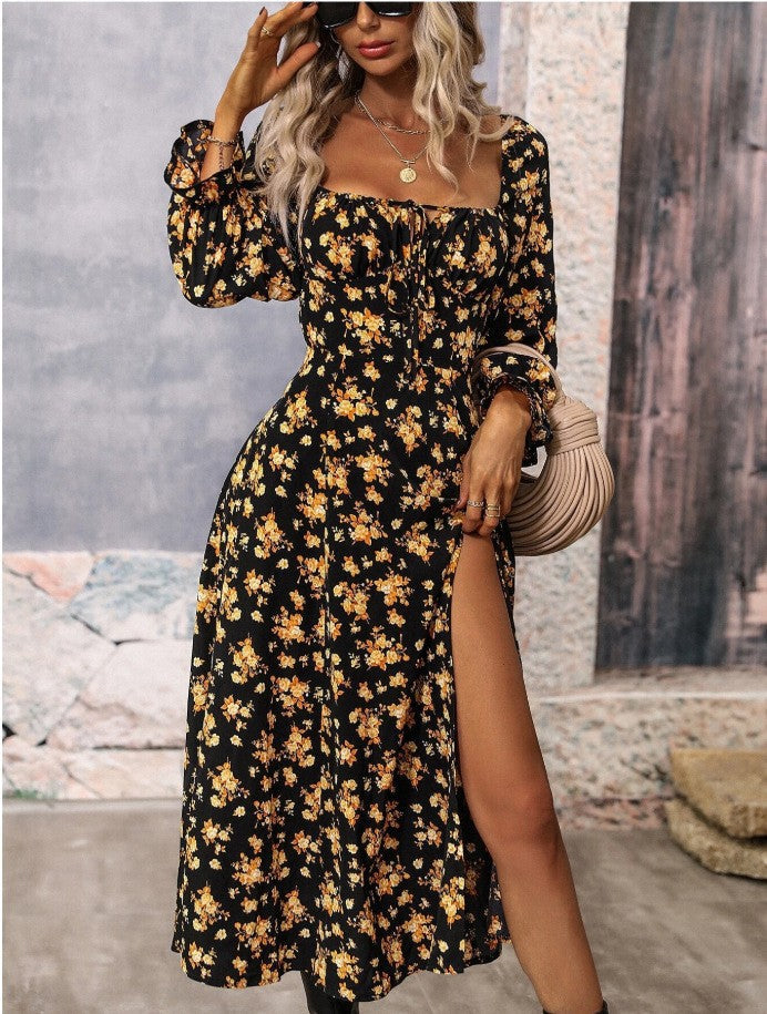 Flowers Printing Long Sleeve Dress Fashion Square-neck Bottom Slit Dresses Womens  Clothing Lustraward