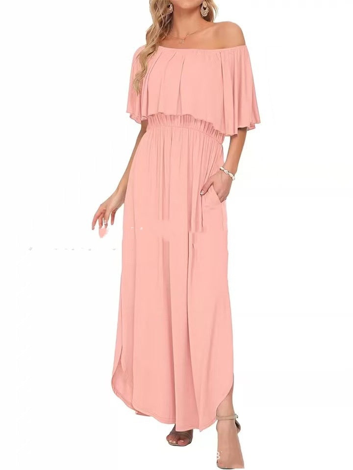 Printed Off-shoulder Short-sleeve Maxi Dress Lustraward