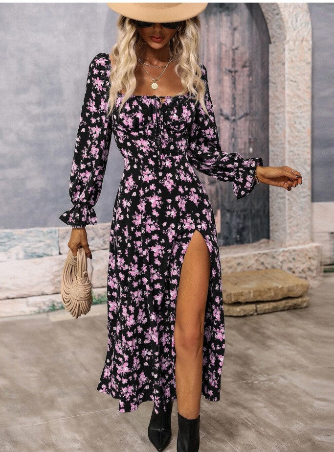 Flowers Printing Long Sleeve Dress Fashion Square-neck Bottom Slit Dresses Womens  Clothing Lustraward