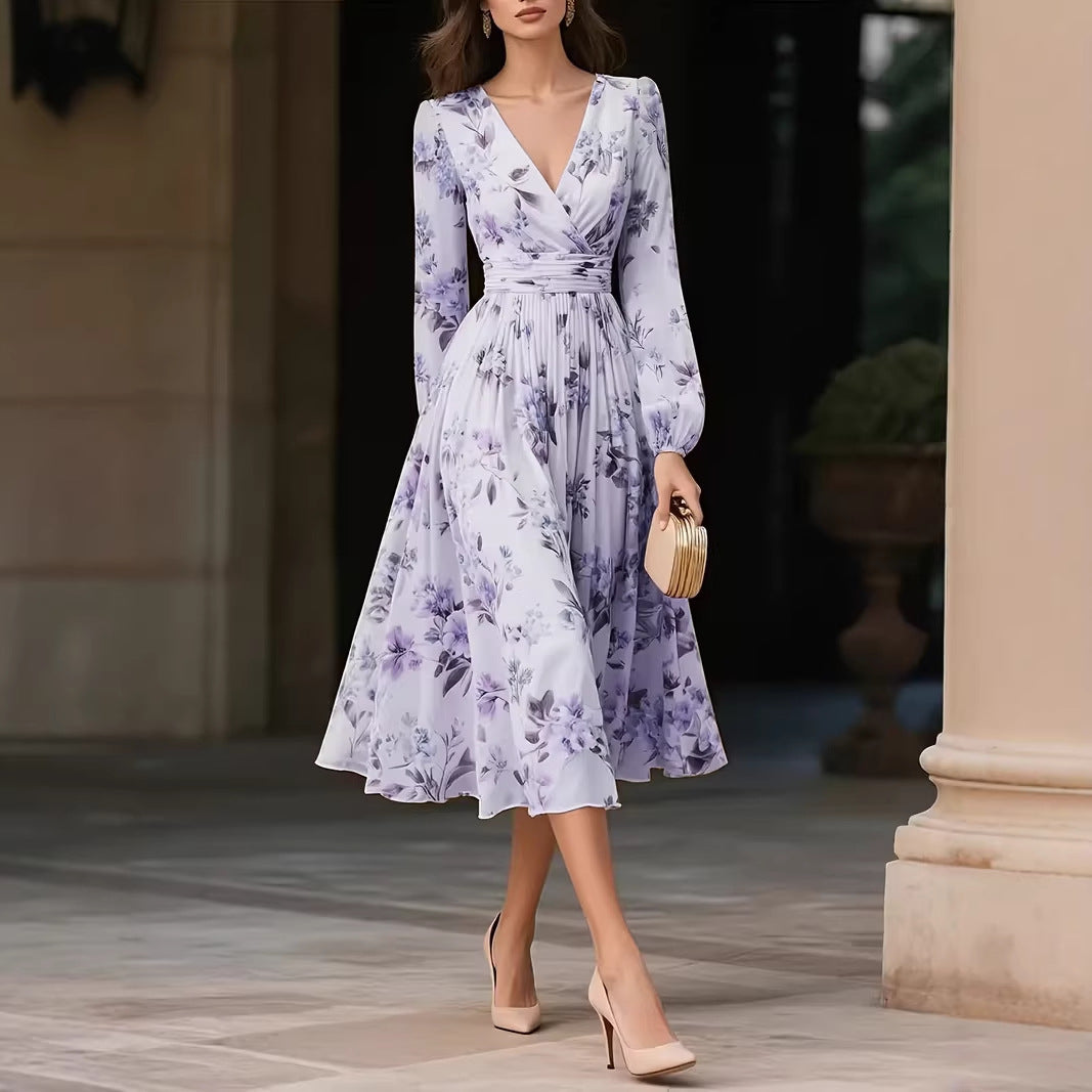Elegant V-Neck Long-Sleeve Womens Dress With Print Lustraward