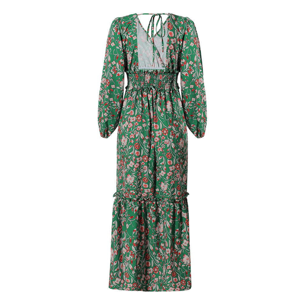 Fashion Printed Lantern Long-Sleeved V-Neck Halter Stitching Dress Lustraward