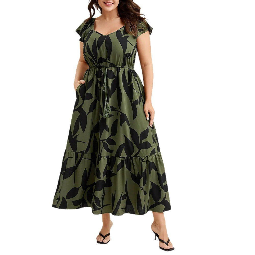 Floral Flutter-Sleeve Drawstring-Waist Maxi Midi Slimming Dress Lustraward