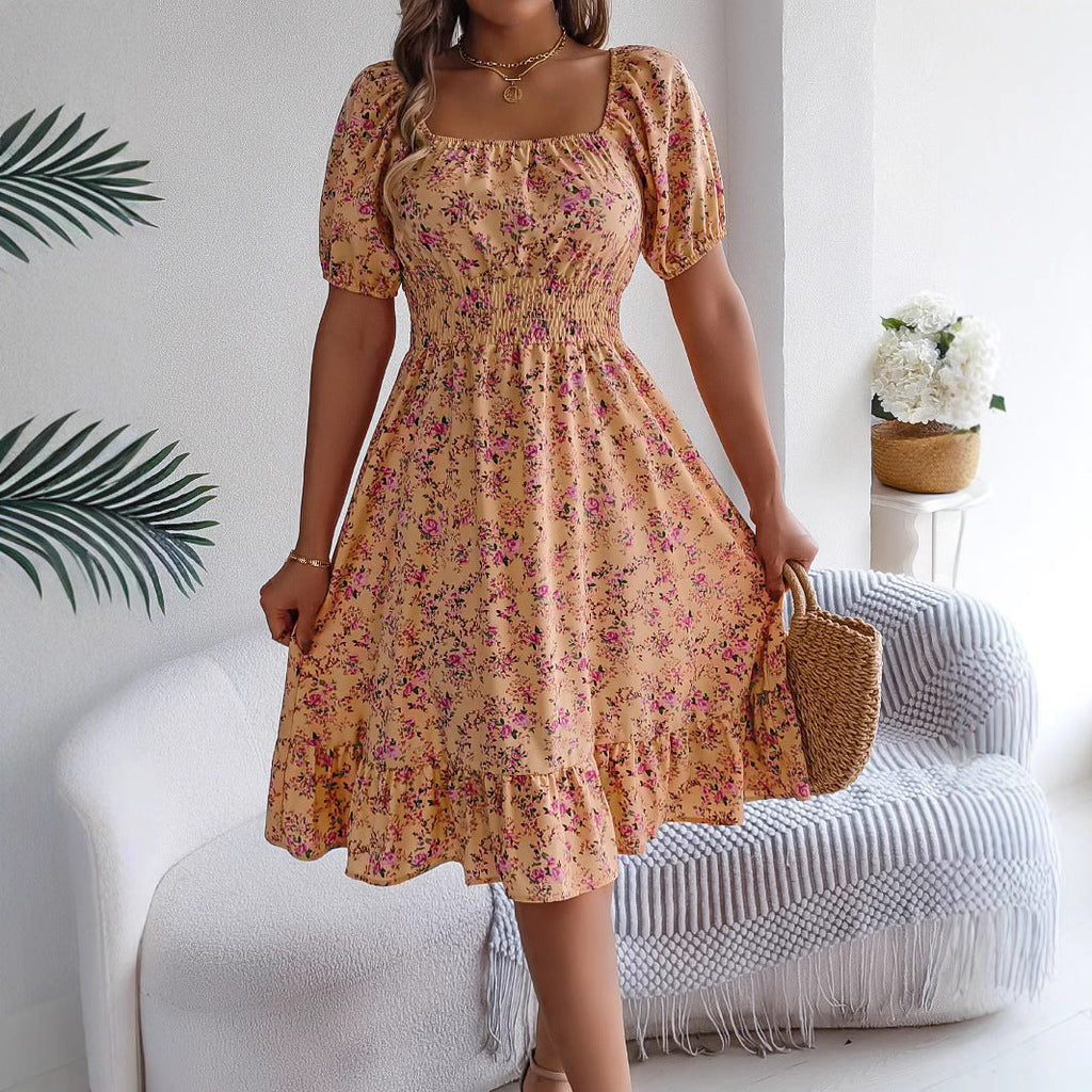 Floral Print Square Collar Dress Summer Fashion Ruffles Dresses Women's Clothing Lustraward