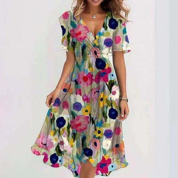 Chiffon Printed Short Sleeve Dress Summer Elegant V-neck Dresses Womens Clothing Lustraward