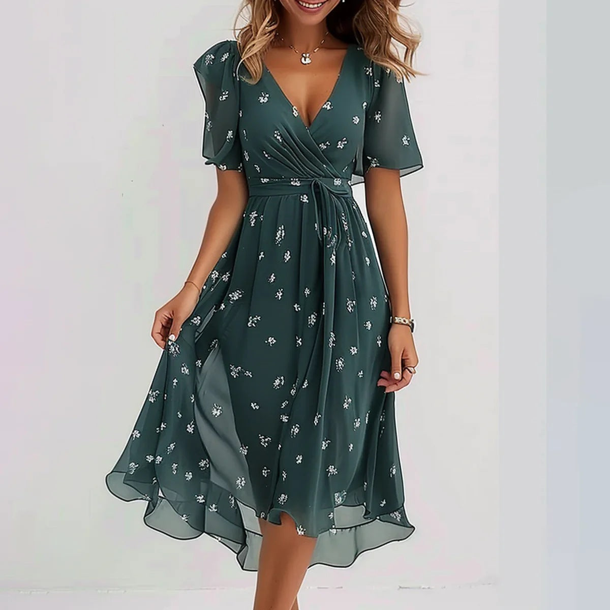 Chiffon Printed Short Sleeve Dress Summer Elegant V-neck Dresses Womens Clothing Lustraward